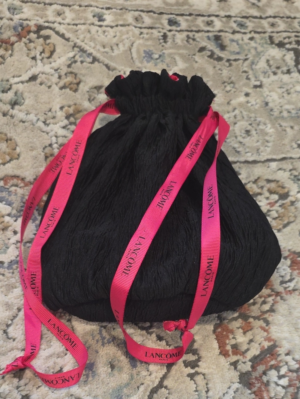 Lancôme black crinkled fabric drawstring makeup pouch